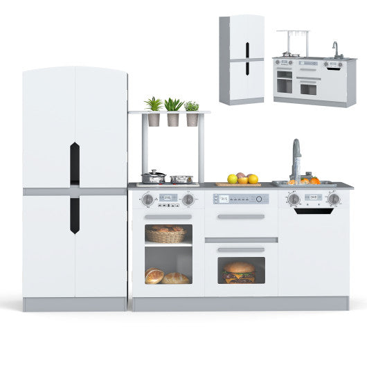 Wooden 2 Piece Kids Kitchen Playset with Fridge and Running Water-Gray