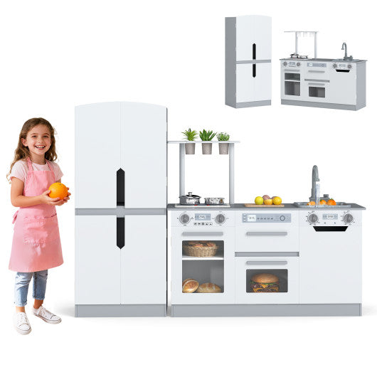 Wooden 2 Piece Kids Kitchen Playset with Fridge and Running Water-Gray