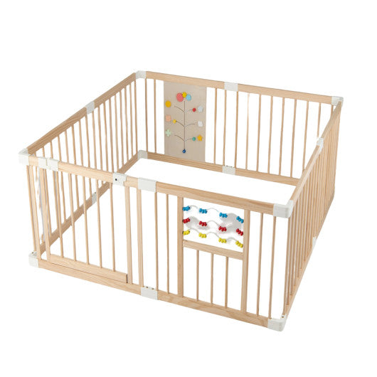 Wooden Baby Playpen Adjustable Large Play Yard for Infants-Natural