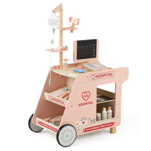 Wooden Doctor Playset for Kids Pretend Play Doctor Kit with Cart Gift for Toddlers Boys Girls Aged 3+-Pink