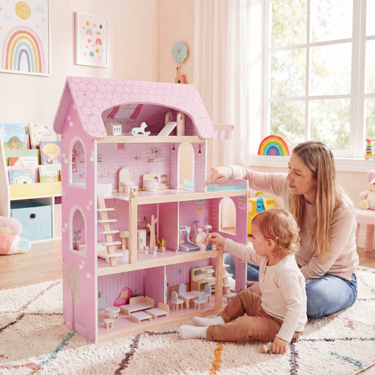 Wooden Dollhouse Kids DIY Pretend Playhouse with 33 PCS Furniture Accessories-Pink