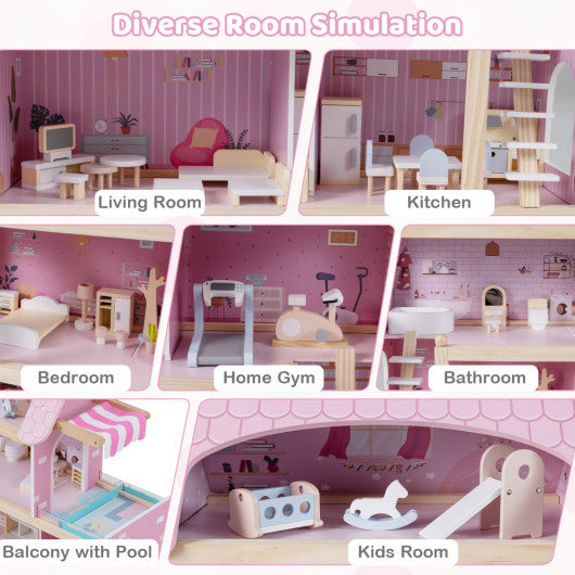 Wooden Dollhouse Kids DIY Pretend Playhouse with 33 PCS Furniture Accessories-Pink