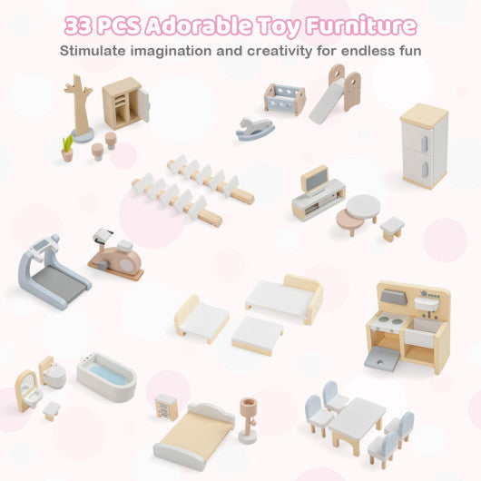 Wooden Dollhouse Kids DIY Pretend Playhouse with 33 PCS Furniture Accessories-Pink