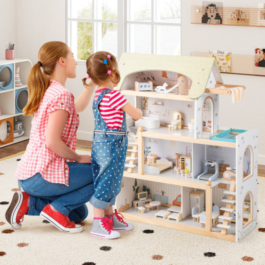 Wooden Dollhouse Kids DIY Pretend Playhouse with 33 PCS Furniture Accessories-Green