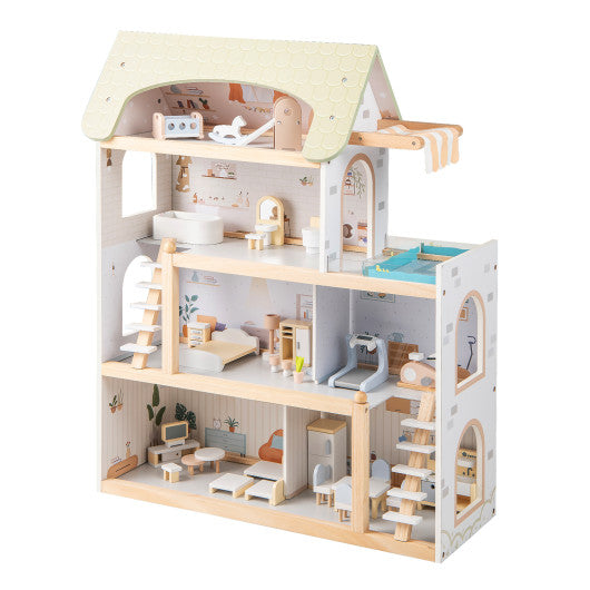 Wooden Dollhouse Kids DIY Pretend Playhouse with 33 PCS Furniture Accessories-Green