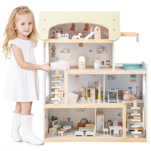 Wooden Dollhouse Kids DIY Pretend Playhouse with 33 PCS Furniture Accessories-Green