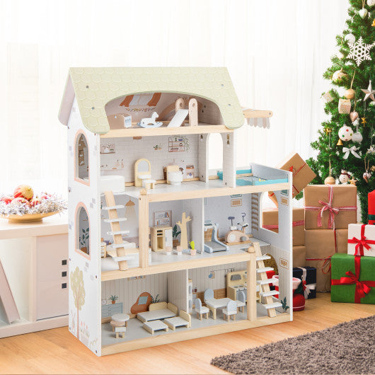 Wooden Dollhouse Kids DIY Pretend Playhouse with 33 PCS Furniture Accessories-Green