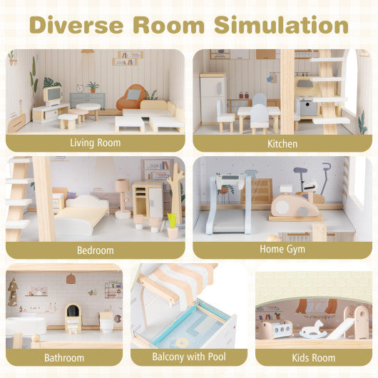 Wooden Dollhouse Kids DIY Pretend Playhouse with 33 PCS Furniture Accessories-Green