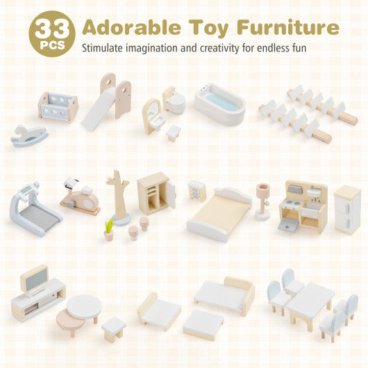 Wooden Dollhouse Kids DIY Pretend Playhouse with 33 PCS Furniture Accessories-Green