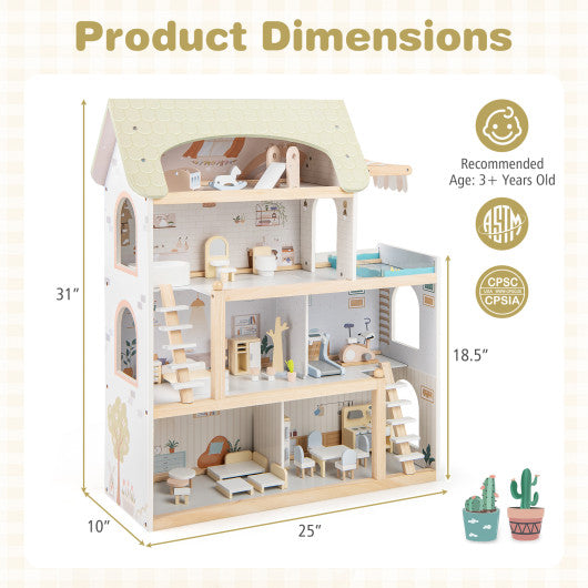 Wooden Dollhouse Kids DIY Pretend Playhouse with 33 PCS Furniture Accessories-Green
