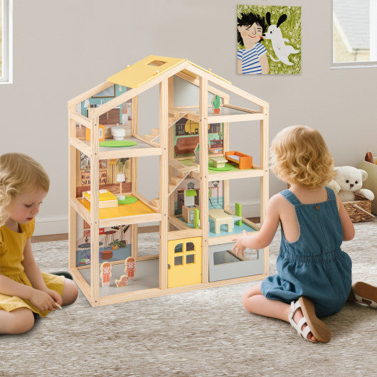 Wooden Dollhouse for Kids Modern Family Pretend Playhouse with Furniture Pieces and Figures-Natural
