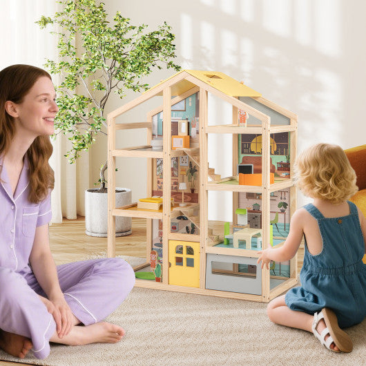 Wooden Dollhouse for Kids Modern Family Pretend Playhouse with Furniture Pieces and Figures-Natural