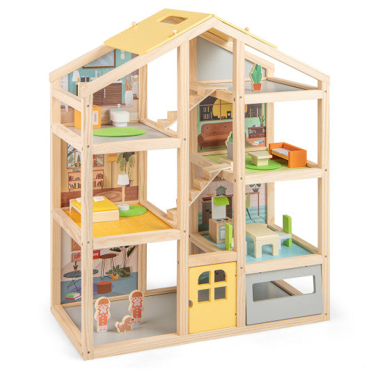 Wooden Dollhouse for Kids Modern Family Pretend Playhouse with Furniture Pieces and Figures-Natural