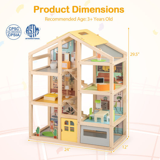 Wooden Dollhouse for Kids Modern Family Pretend Playhouse with Furniture Pieces and Figures-Natural