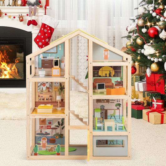 Wooden Dollhouse for Kids Modern Family Pretend Playhouse with Furniture Pieces and Figures-Natural