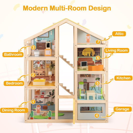 Wooden Dollhouse for Kids Modern Family Pretend Playhouse with Furniture Pieces and Figures-Natural