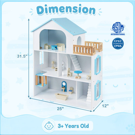 Wooden Dollhouse with 5 Rooms and Furniture Accessories for Kids-Blue