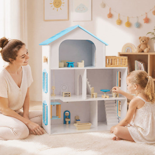 Wooden Dollhouse with 5 Rooms and Furniture Accessories for Kids-Blue