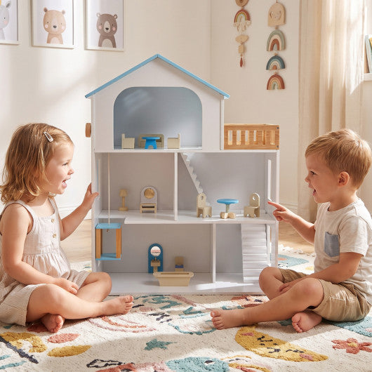 Wooden Dollhouse with 5 Rooms and Furniture Accessories for Kids-Blue