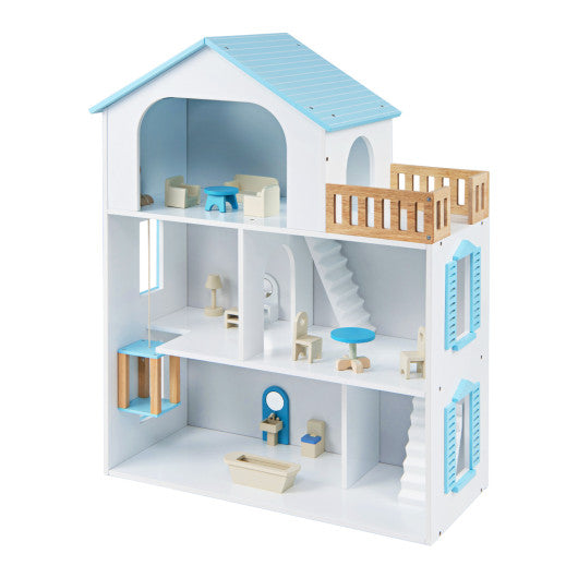 Wooden Dollhouse with 5 Rooms and Furniture Accessories for Kids-Blue