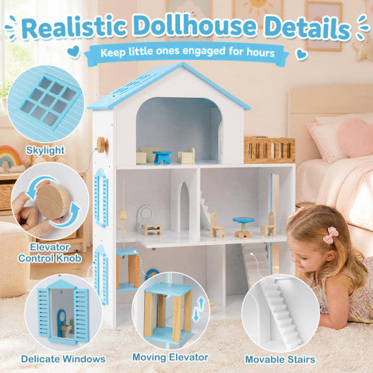 Wooden Dollhouse with 5 Rooms and Furniture Accessories for Kids-Blue
