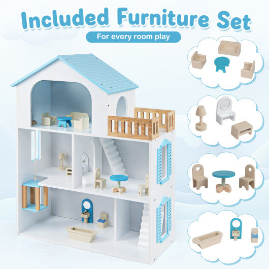 Wooden Dollhouse with 5 Rooms and Furniture Accessories for Kids-Blue