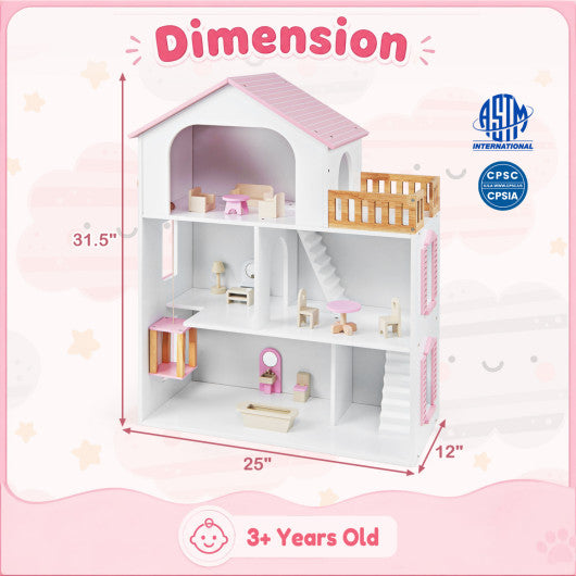 Wooden Dollhouse with 5 Rooms and Furniture Accessories for Kids-Pink