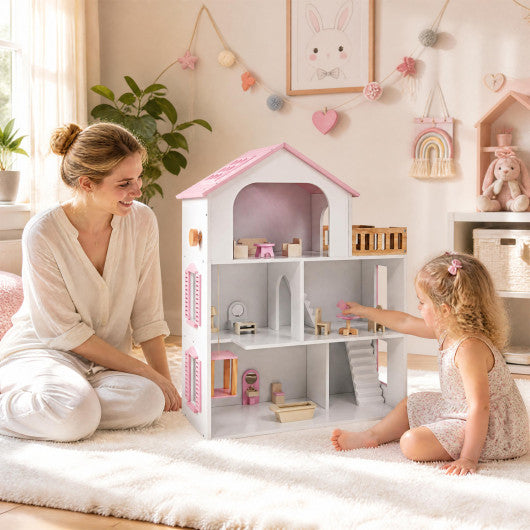 Wooden Dollhouse with 5 Rooms and Furniture Accessories for Kids-Pink