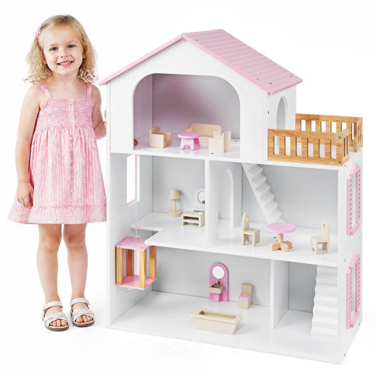 Wooden Dollhouse with 5 Rooms and Furniture Accessories for Kids-Pink