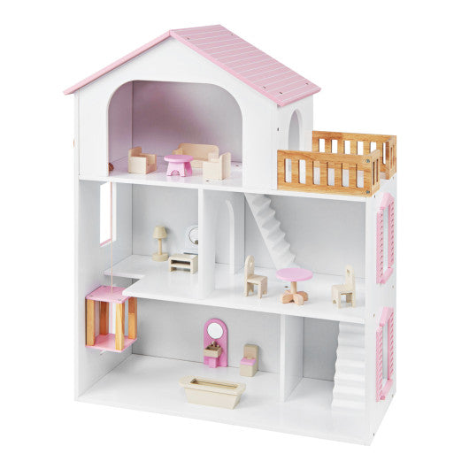 Wooden Dollhouse with 5 Rooms and Furniture Accessories for Kids-Pink