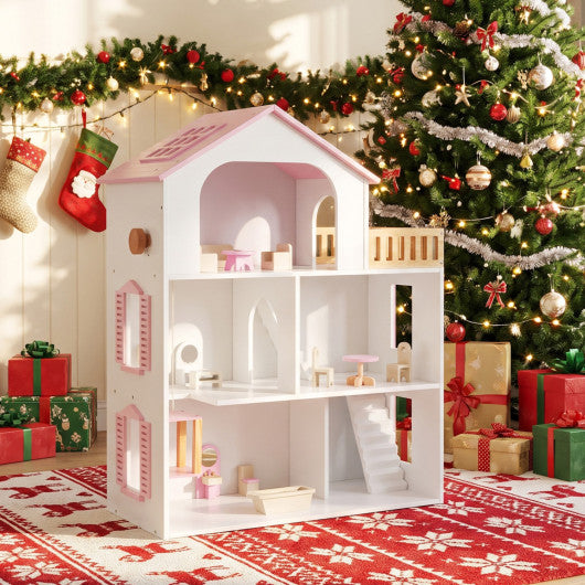Wooden Dollhouse with 5 Rooms and Furniture Accessories for Kids-Pink