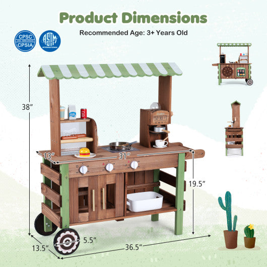 Wooden Grocery Store Playset for Kids with Large Wheels