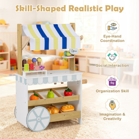 Wooden Ice Cream Cart for Kids 2-in-1 Grocery Store Playset with Display Shelves-White