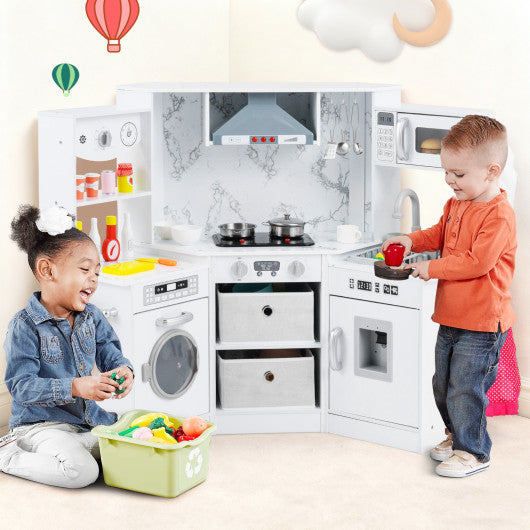 Wooden Kids Play Kitchen Playset with Realistic Lights and Sounds-White