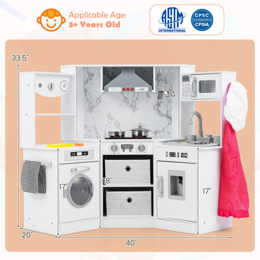 Wooden Kids Play Kitchen Playset with Realistic Lights and Sounds-White