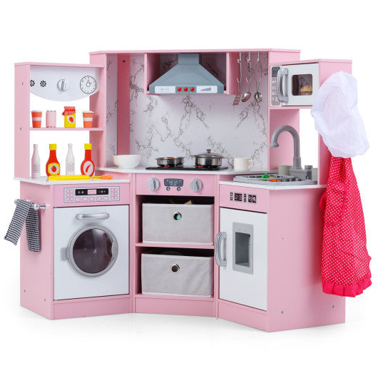 Wooden Kids Play Kitchen Playset with Realistic Lights and Sounds-Pink