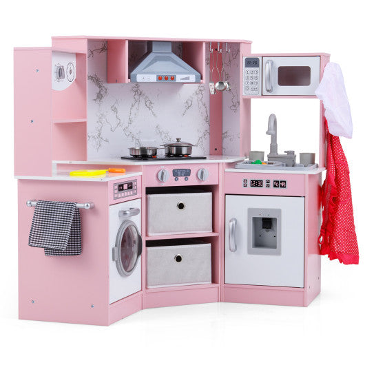 Wooden Kids Play Kitchen Playset with Realistic Lights and Sounds-Pink