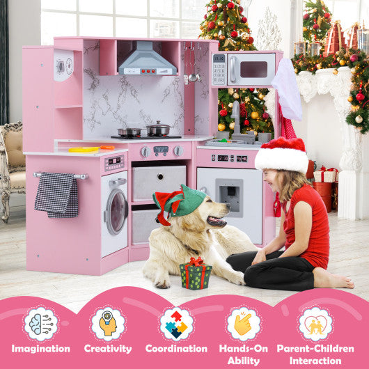 Wooden Kids Play Kitchen Playset with Realistic Lights and Sounds-Pink