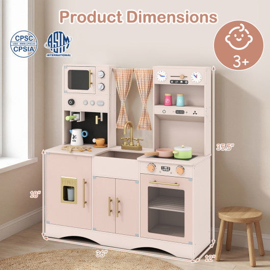Wooden Kids Pretend Play Toy Kitchen with Microwave and Coffee Maker for Boys & Girls Ages 3+-Pink