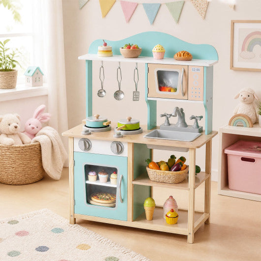 Wooden Kids Pretend Play Kitchen Playset with Sink Faucet Oven and Utensils-Blue