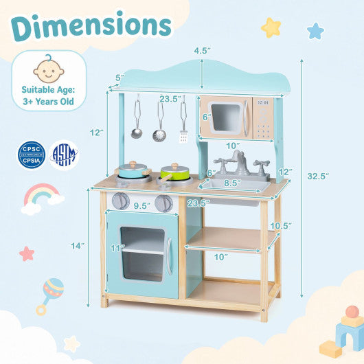 Wooden Kids Pretend Play Kitchen Playset with Sink Faucet Oven and Utensils-Blue