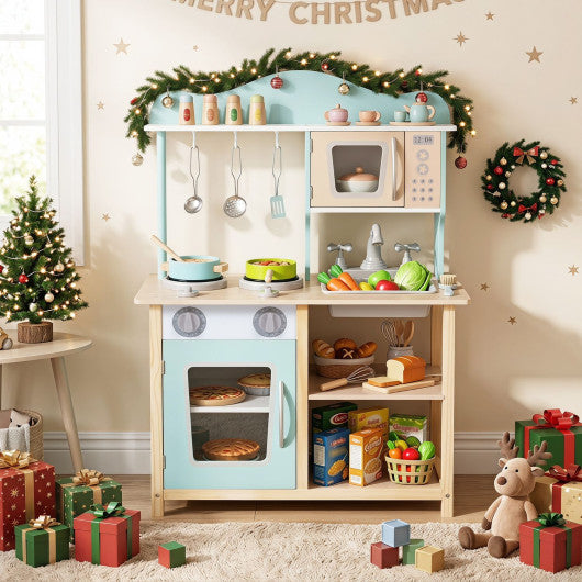 Wooden Kids Pretend Play Kitchen Playset with Sink Faucet Oven and Utensils-Blue