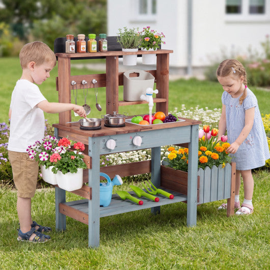 Wooden Mud Kitchen Set with Running Water Faucet Tank-Blue