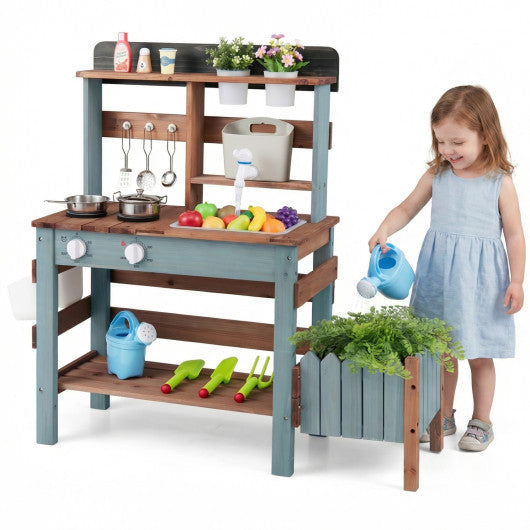 Wooden Mud Kitchen Set with Running Water Faucet Tank-Blue