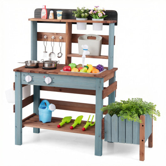 Wooden Mud Kitchen Set with Running Water Faucet Tank-Blue