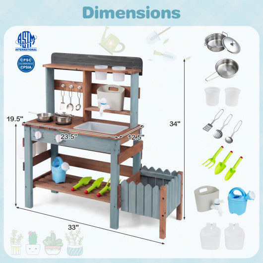 Wooden Mud Kitchen Set with Running Water Faucet Tank-Blue