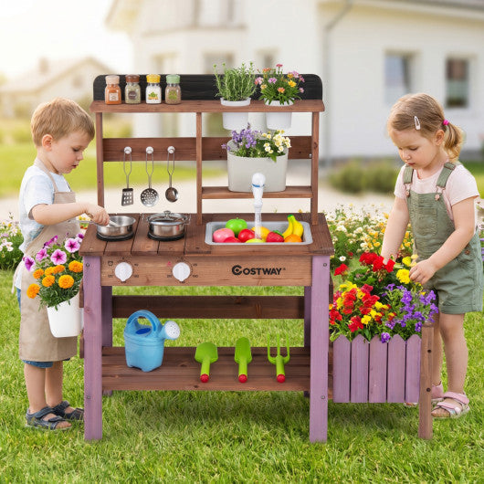 Wooden Mud Kitchen Set with Running Water Faucet Tank-Purple