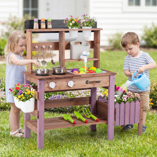 Wooden Mud Kitchen Set with Running Water Faucet Tank-Purple