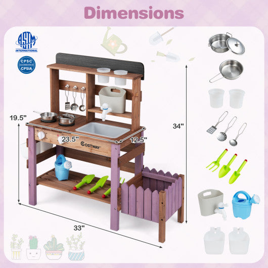 Wooden Mud Kitchen Set with Running Water Faucet Tank-Purple