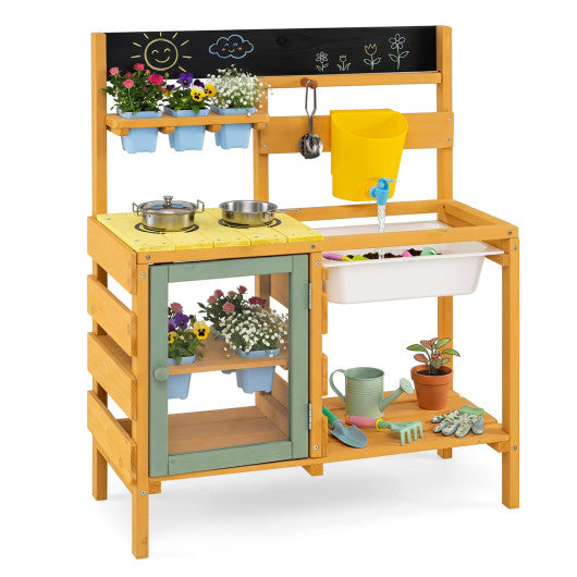 Wooden Mud Kitchen for Toddlers with Faucet and Water Tank-Yellow